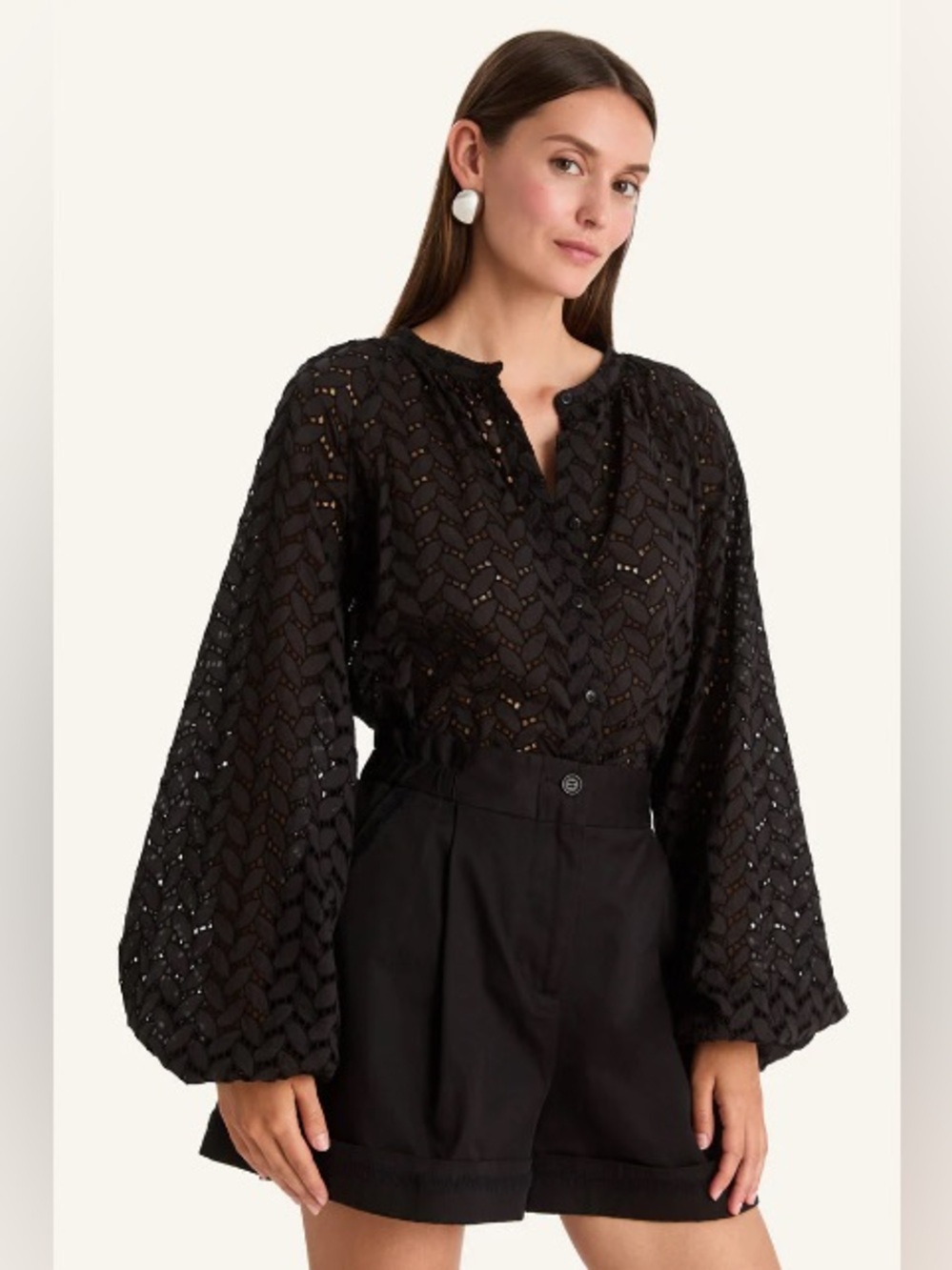 Merlette Tiana Eyelet Black Cotton Button  Long Sleeve Blouse India quiet luxury